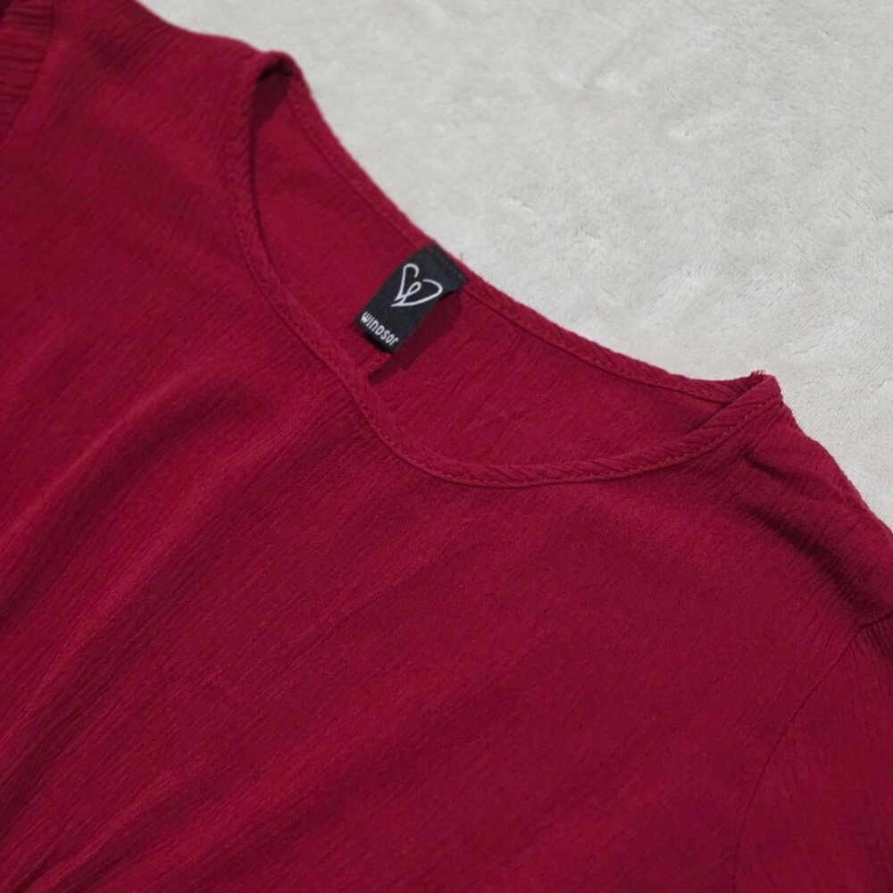 Windsor ✦ Red Flare Sleeve Crop Top ✦ Tie‑Front Textured Boho Style Made in USA - Picture 9 of 15
